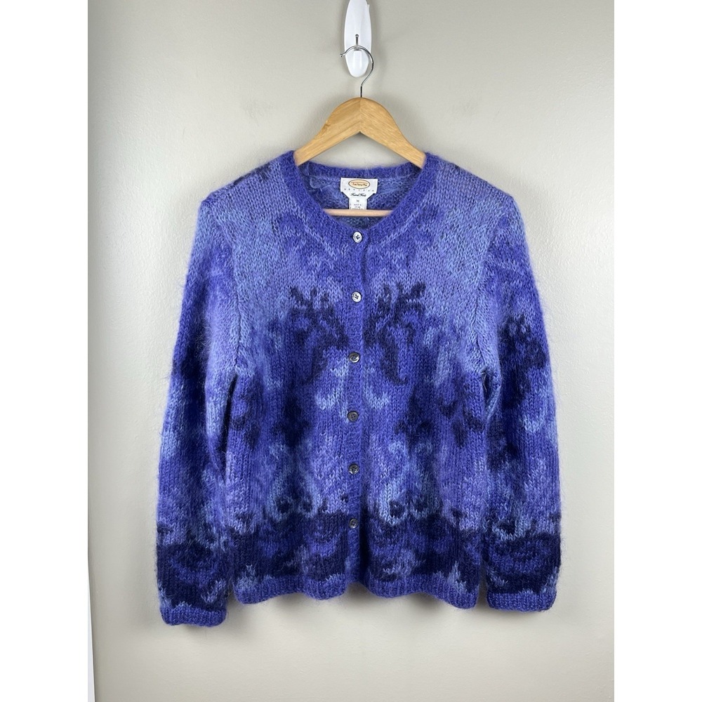 Talbots Vtg Mohair Cardigan Fuzzy Hand Knit Button Up Sweater Purple Print Sz M‎